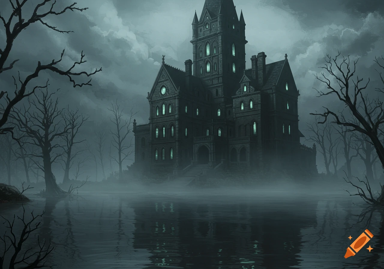 A dark, eerie gothic mansion stands by a foggy lake, surrounded by bare, dead trees under a cloudy sky, in a detailed illustration.