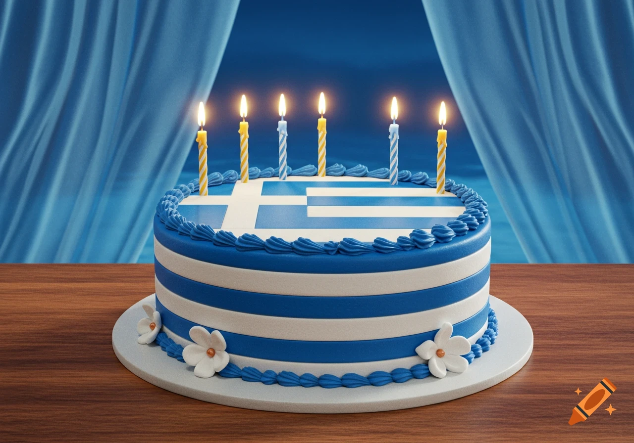 A round birthday cake decorated as the Greek flag with blue and white stripes, a cross, and six lit candles, on a wooden table.
