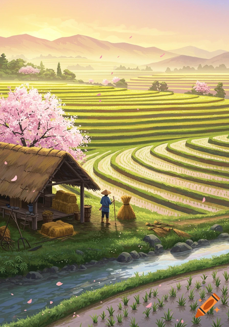 A stylized landscape featuring a farmer by a thatched hut, surrounded by lush tiered rice paddies, a river, and vibrant pink cherry blossom trees.