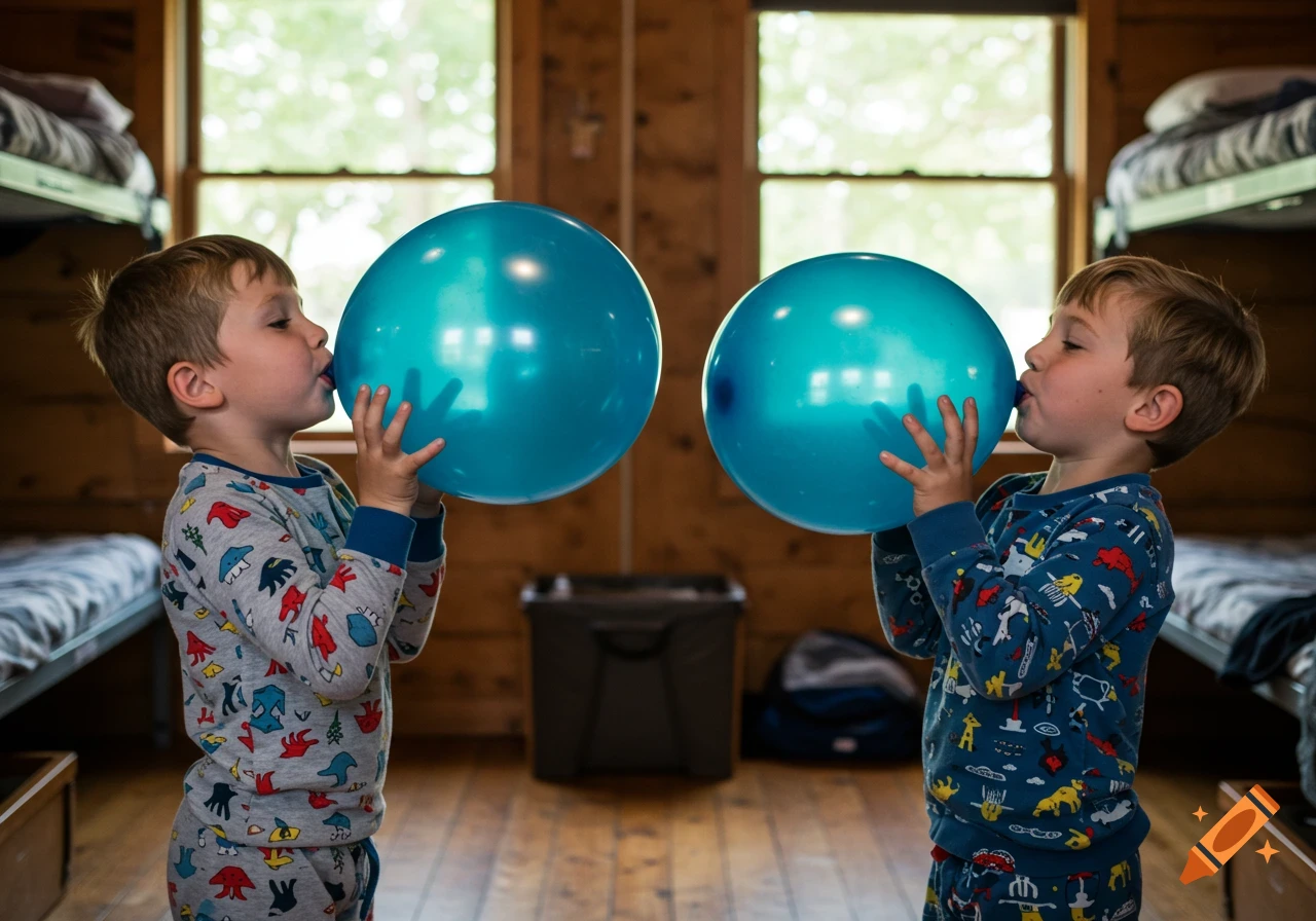 Two young boys in pajamas blow up large blue balloons in a rustic bunk room at summer camp, photorealistic style.