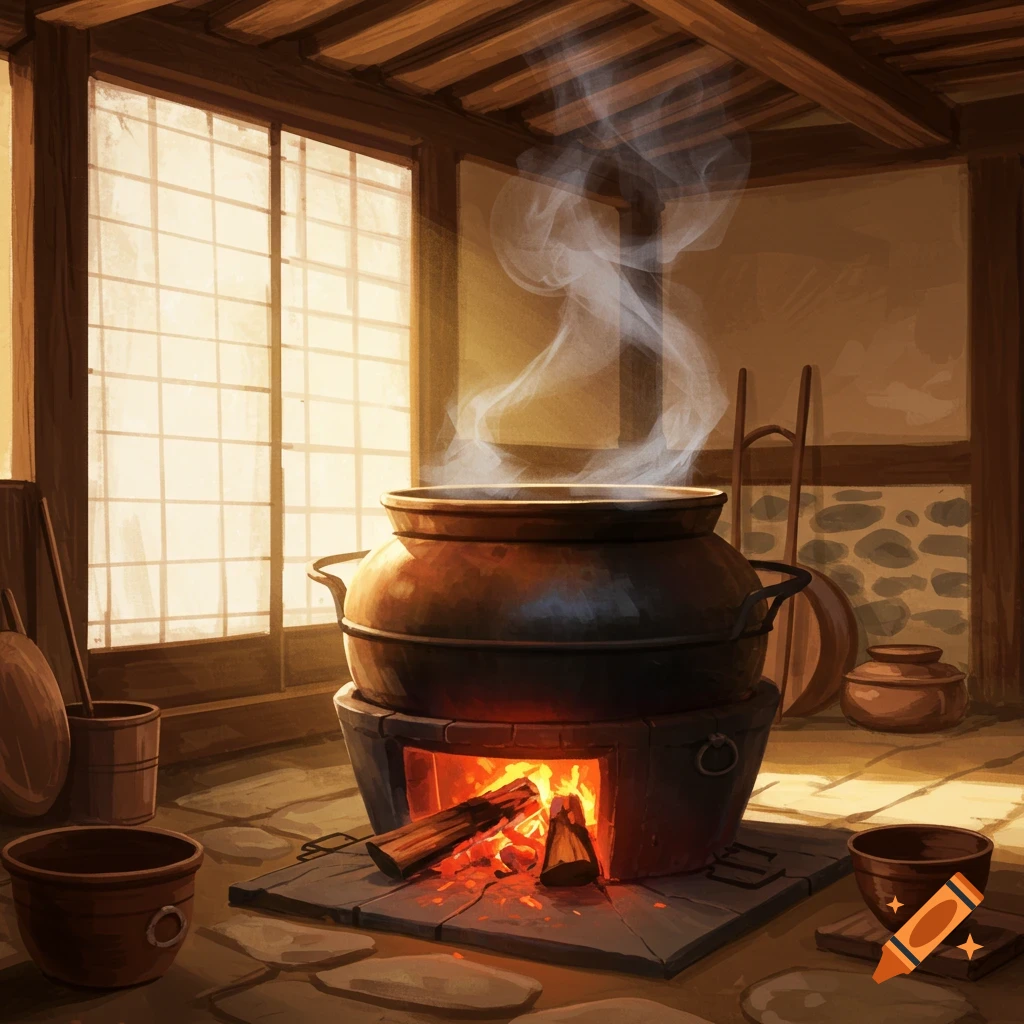 A large cooking pot steams over a wood fire in a traditional Japanese-style room with shoji screens.