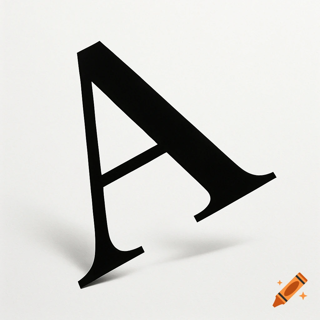 A black capital letter A is rotated and casts a shadow on a bright white background.