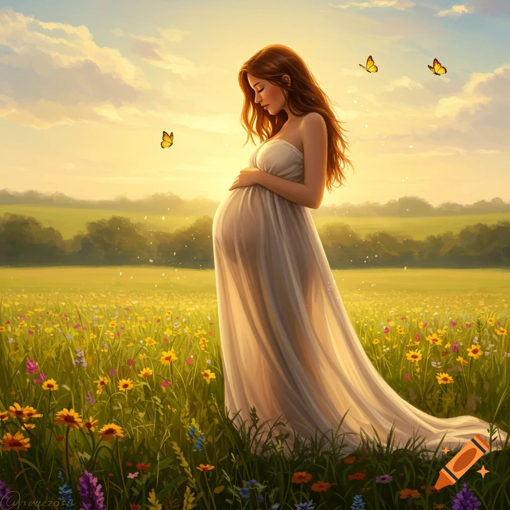 A glowing pregnant woman in a flowing white dress stands in a field of wildflowers at sunset, holding her belly. Painted style.