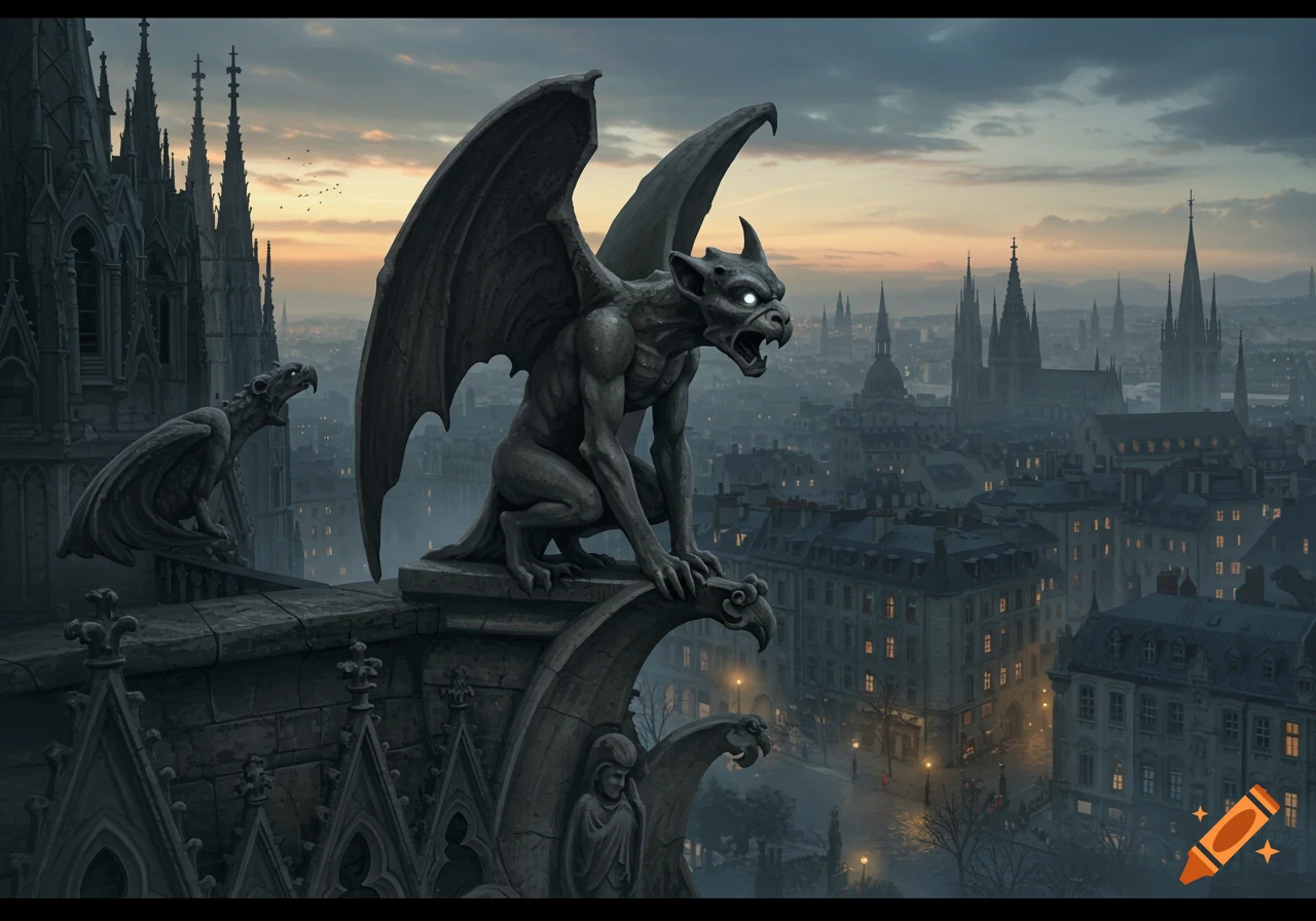 A large, winged gargoyle with glowing eyes perches on a gothic cathedral, overlooking a misty city at dusk.