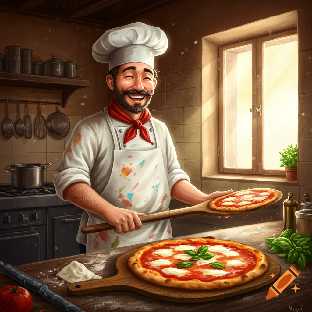An illustrated, smiling chef in a rustic kitchen holds a pizza peel with a small pizza, while a large pizza rests on the counter.