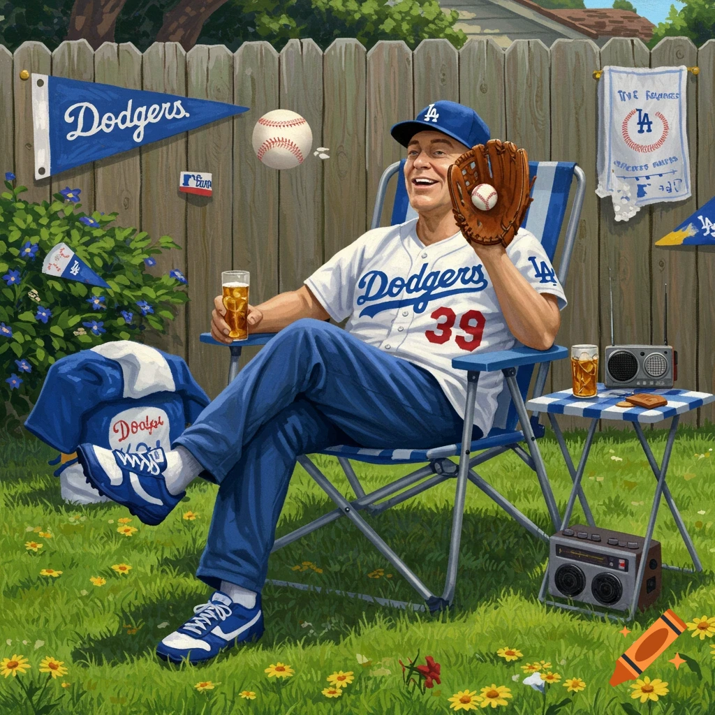 A smiling man in a Dodgers baseball uniform and cap relaxes in a lawn chair, holding a glove and a beer in a sunny backyard filled with Dodgers memorabilia.