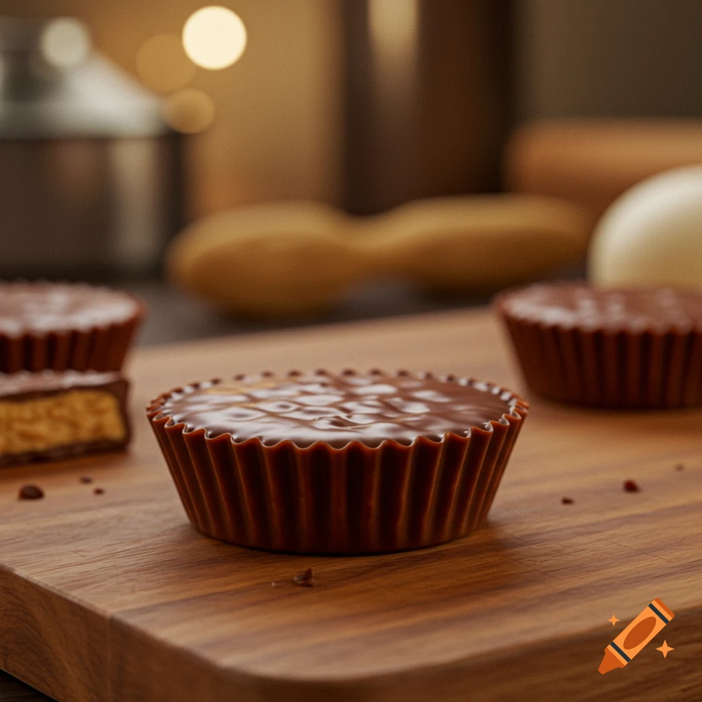 Close-up of a chocolate peanut butter cup on a wooden cutting board, with another partially eaten one nearby.