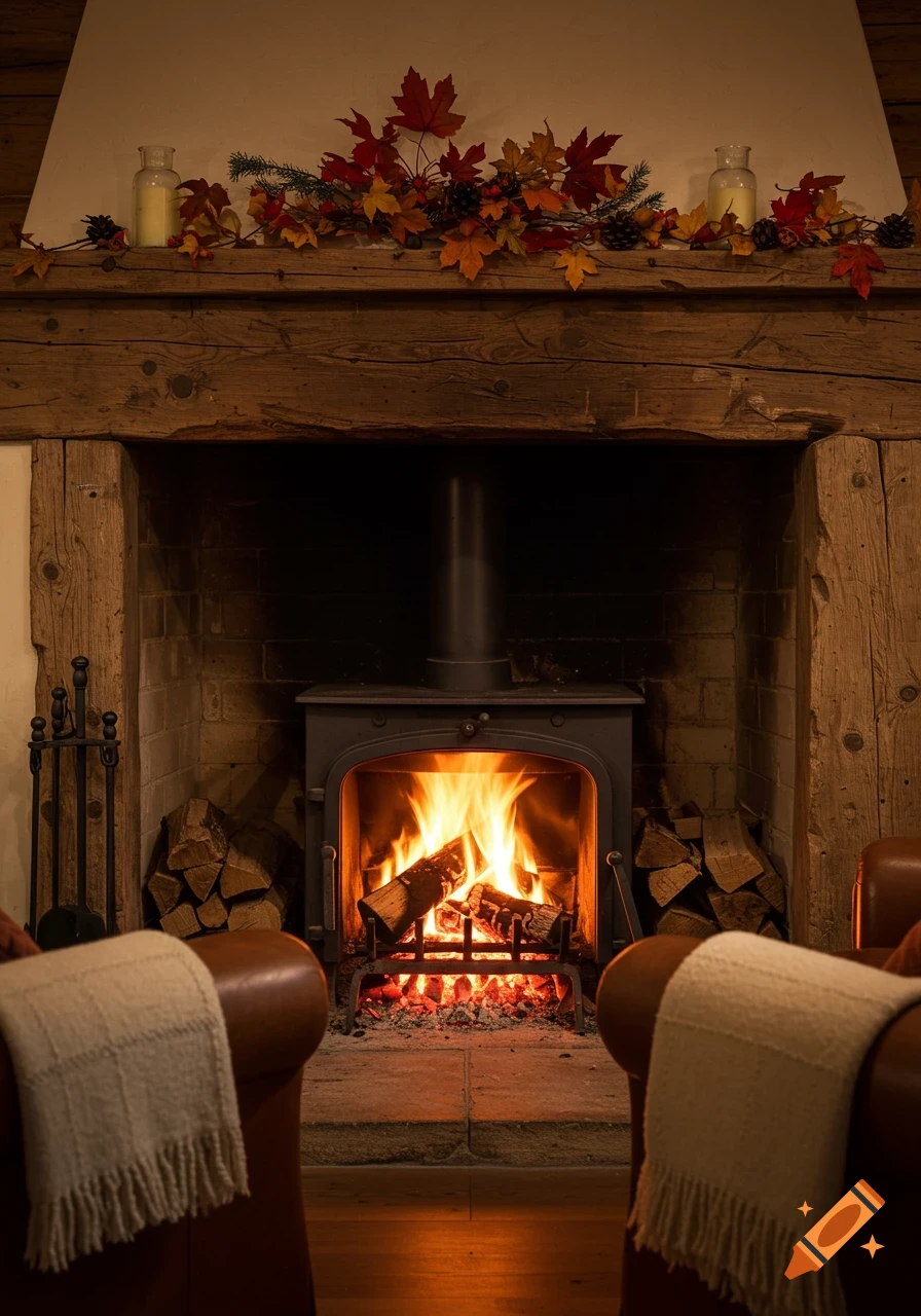 A cozy, photorealistic scene of a lit fireplace between two leather armchairs with blankets, adorned with an autumn leaf garland.