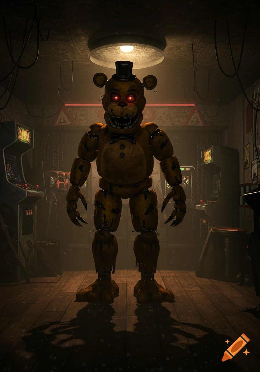 A menacing golden animatronic bear with glowing red eyes and a top hat stands in a dimly lit, cluttered room with arcade machines.