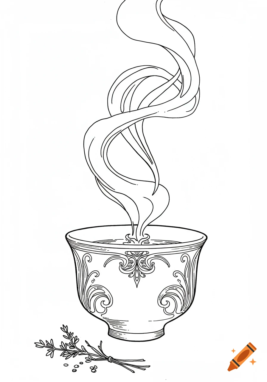 Black line art of an Art Nouveau Japanese teacup with steam and herbs.