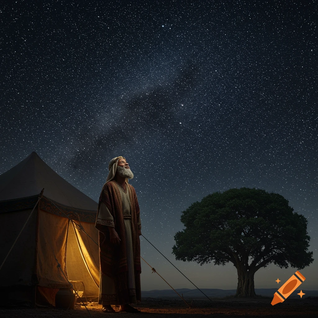 An old man with a white beard, dressed in ancient robes, stands by a lit tent and a large tree, looking up at a vast, star-filled night sky.
