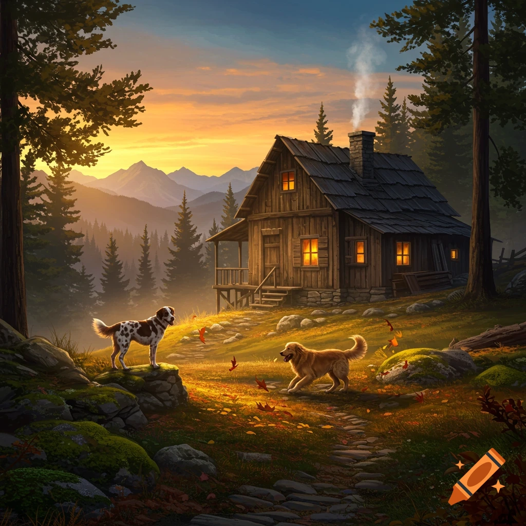 A picturesque wooden cabin in a mountain forest at sunset, with two dogs playing on a path in the foreground.