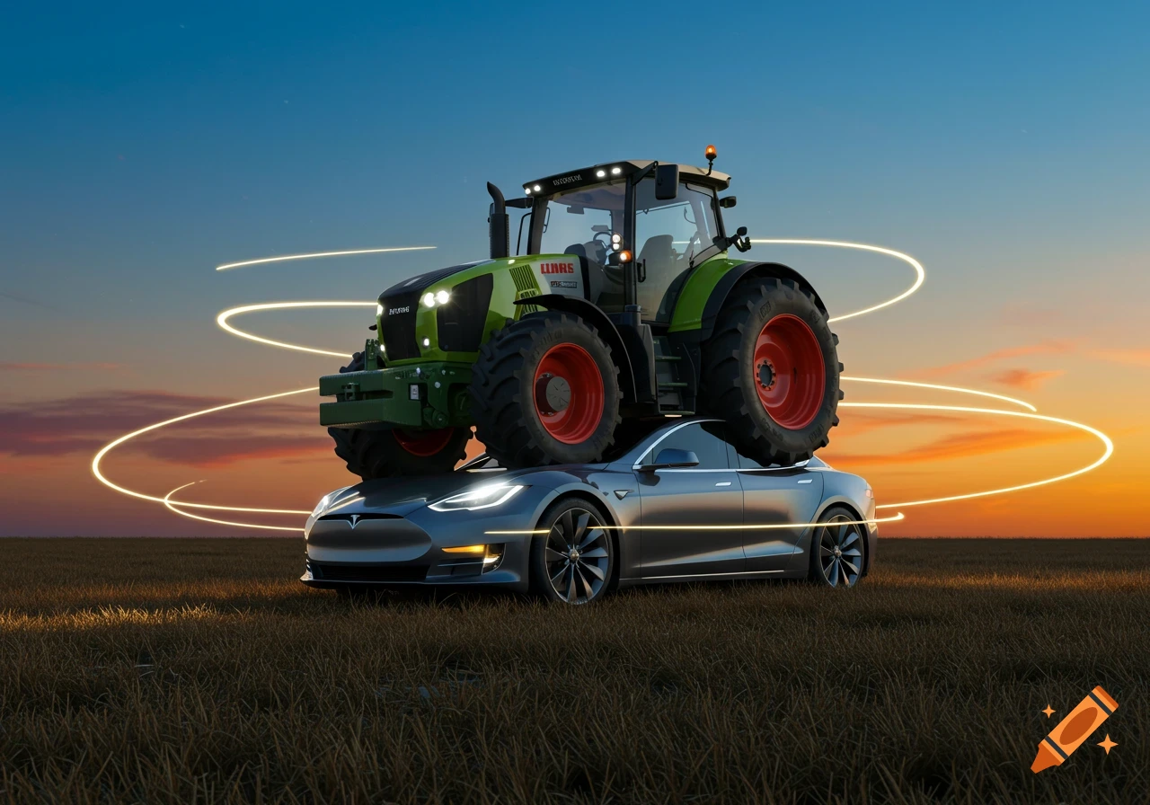 A green Claas Axion tractor sits on top of a gray Tesla car in a grassy field, under a colorful sunset sky with glowing light trails.