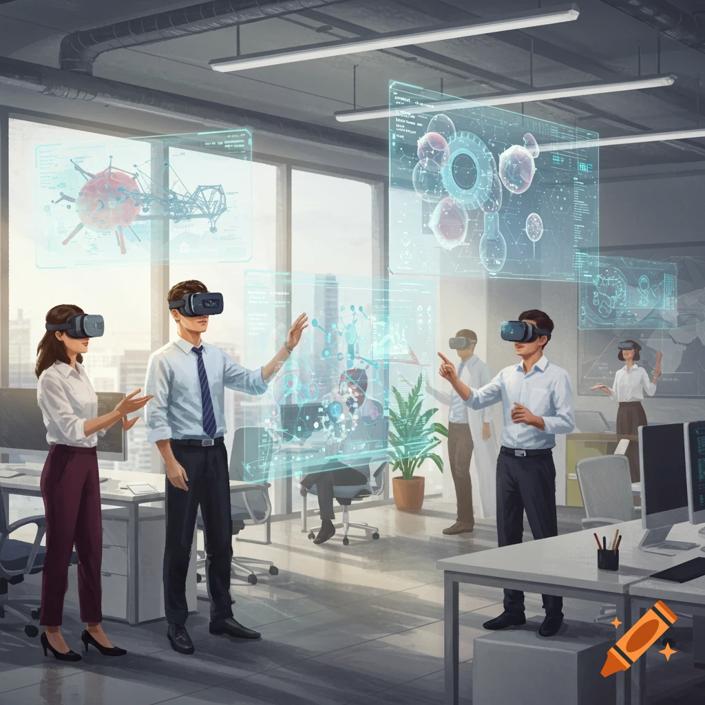 People in a modern office wearing VR headsets, interacting with holographic data displays. Illustration.