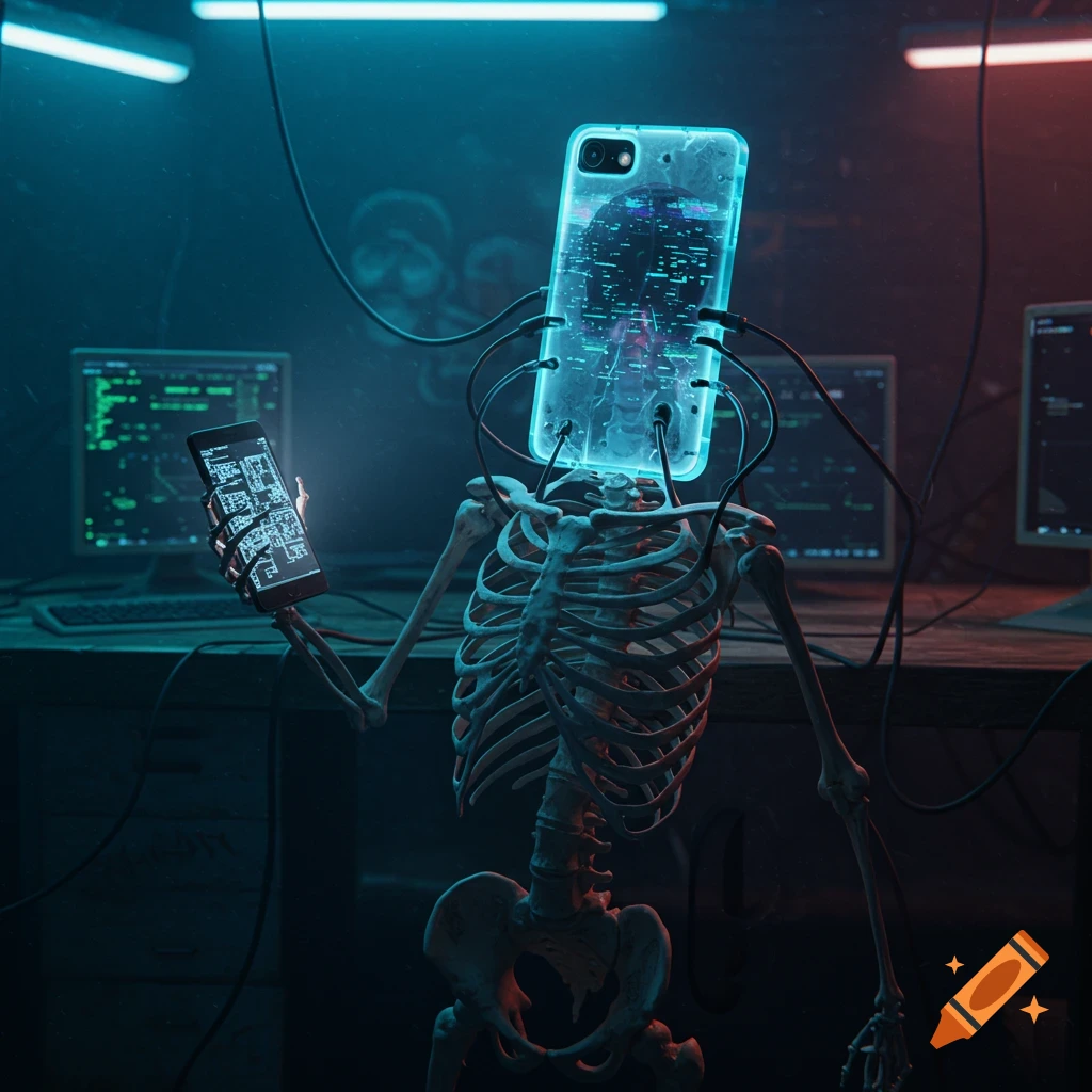 A skeleton with a glowing, transparent phone head holds a phone in a dark, cyberpunk-themed room with computer screens.