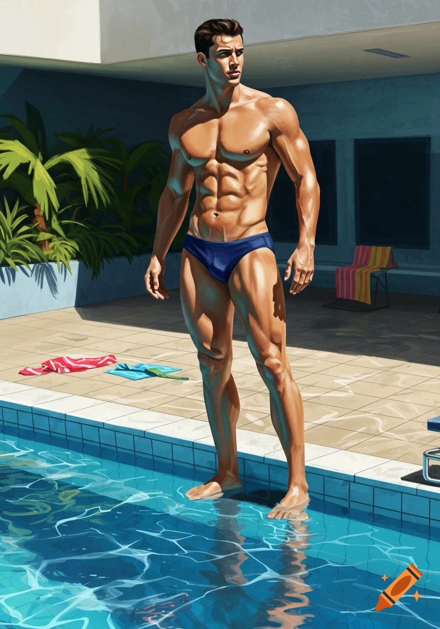 Muscular man in blue swim briefs stands beside a bright blue swimming pool on a sunny day, digital art.