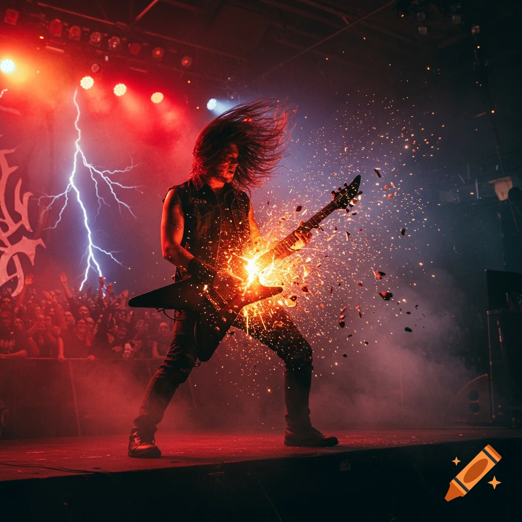 A long-haired death metal guitarist on stage, sparks erupting from his electric guitar. Red stage lights illuminate a lightning bolt graphic in the background.