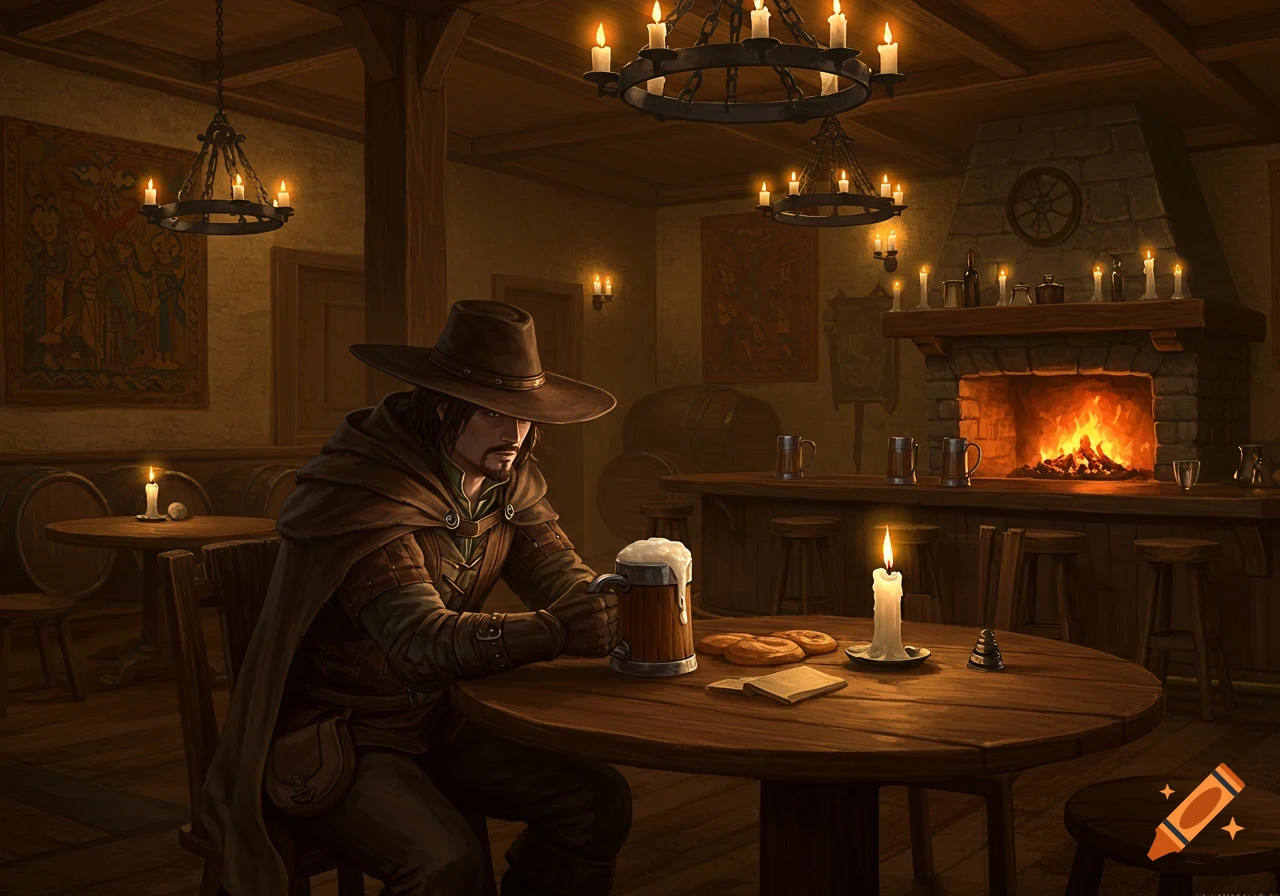 A cloaked man with a wide-brimmed hat sits at a wooden table in a dimly lit tavern, holding a beer mug near a fireplace.