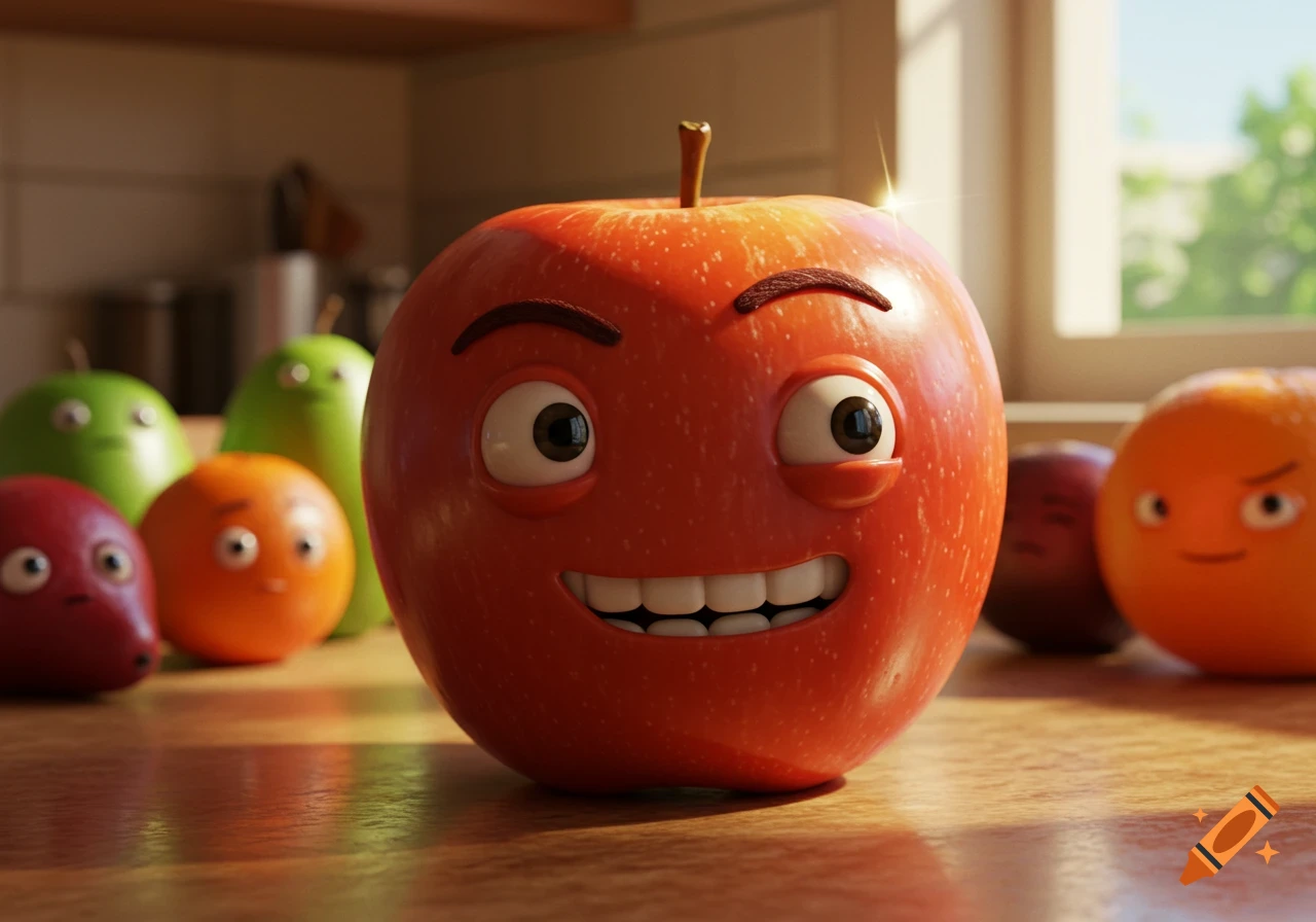 A mischievous red apple character with a wide smile and cartoon eyes stands on a kitchen counter, with other fearful fruit characters in the background, in a CGI style.
