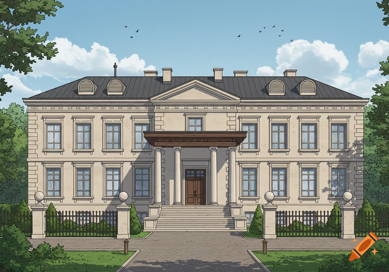 A stately, three-story government-style residence with a dark roof and a central entrance featuring two classical columns, steps, and a dark wooden portico. A black fence surrounds the property, with lush green trees and bushes under a blue sky with white clouds, in a clean, illustrative style.