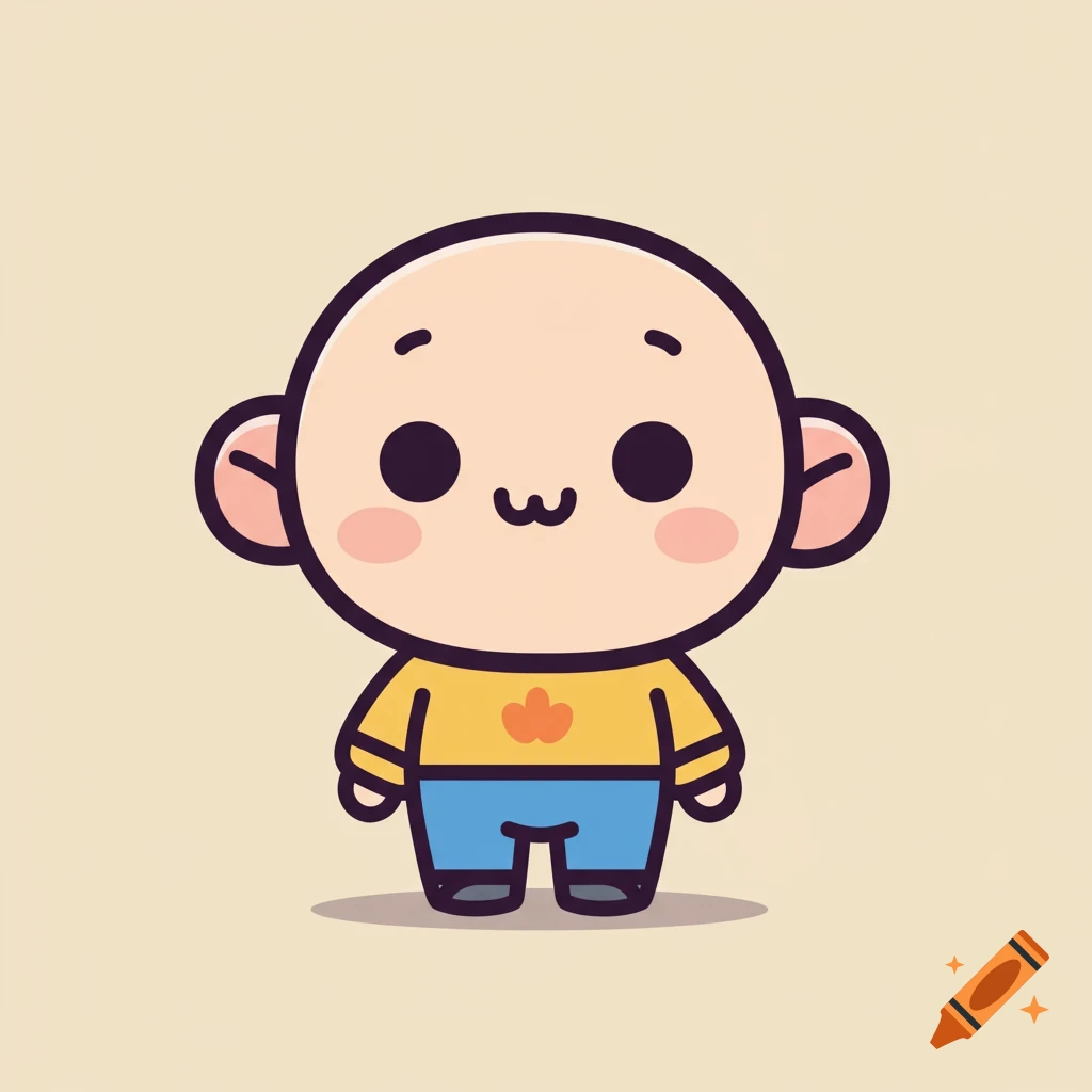 A cute, bald, cartoon character with a big head, small body, and smiling face, in a flat vector art style.