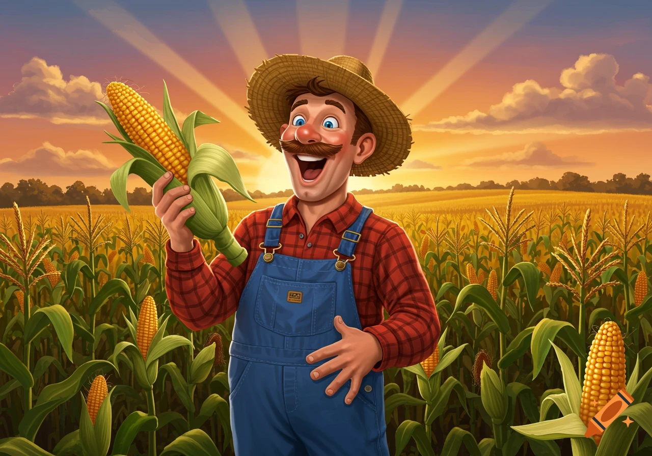 A happy cartoon farmer in a straw hat and overalls holds a large cob of corn in a sunny cornfield at sunset.
