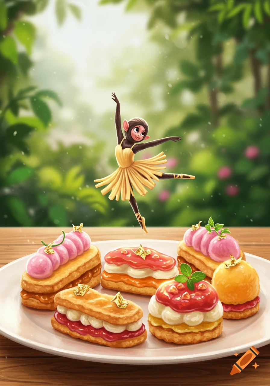 A cute cartoon ballerina monkey dances above a plate of colorful pastries, set against a blurred green jungle background.