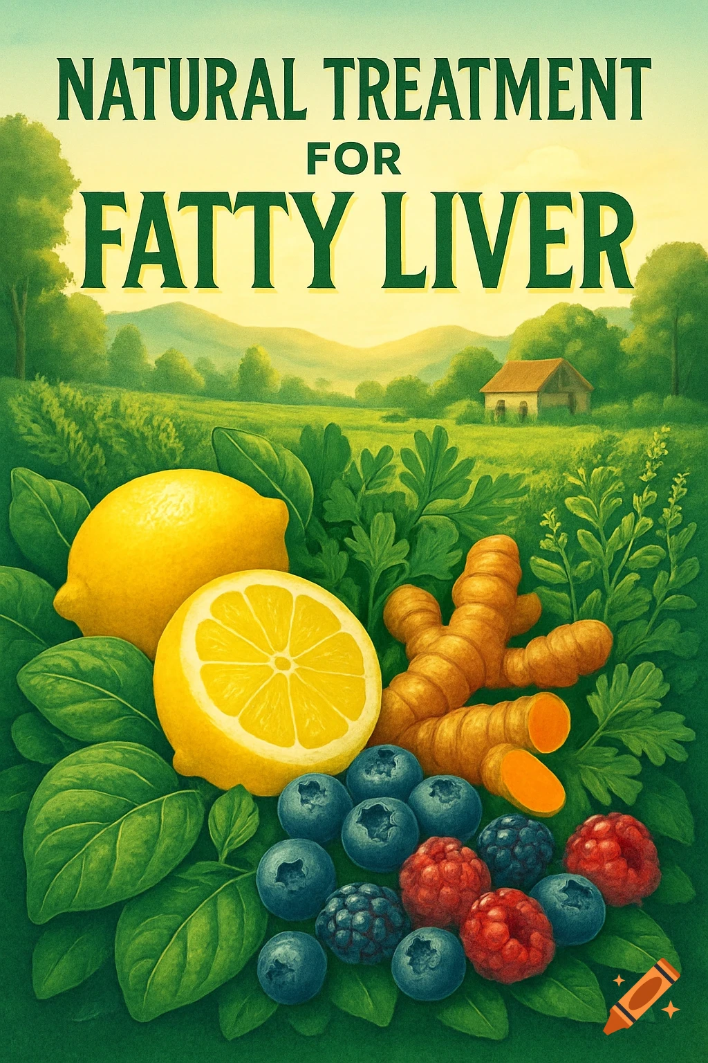 An illustration of fresh fruits and herbs including lemons, blueberries, raspberries, ginger, and green leaves in a lush green landscape with a house in the background. Text reads 'NATURAL TREATMENT FOR FATTY LIVER'.