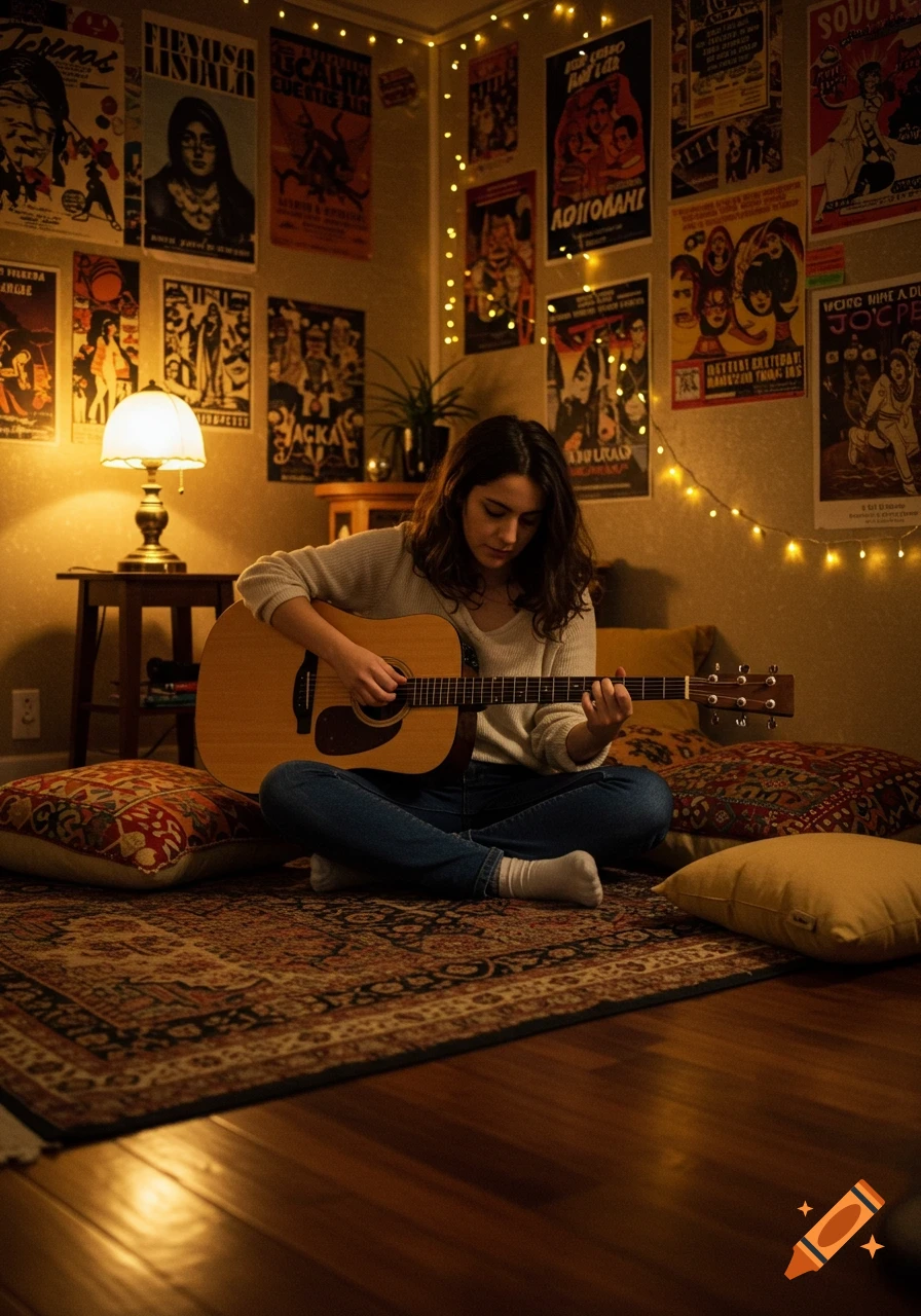 A young woman with dark hair sits on the floor in a cozy room, playing an acoustic guitar amidst posters and string lights, in a photorealistic style.