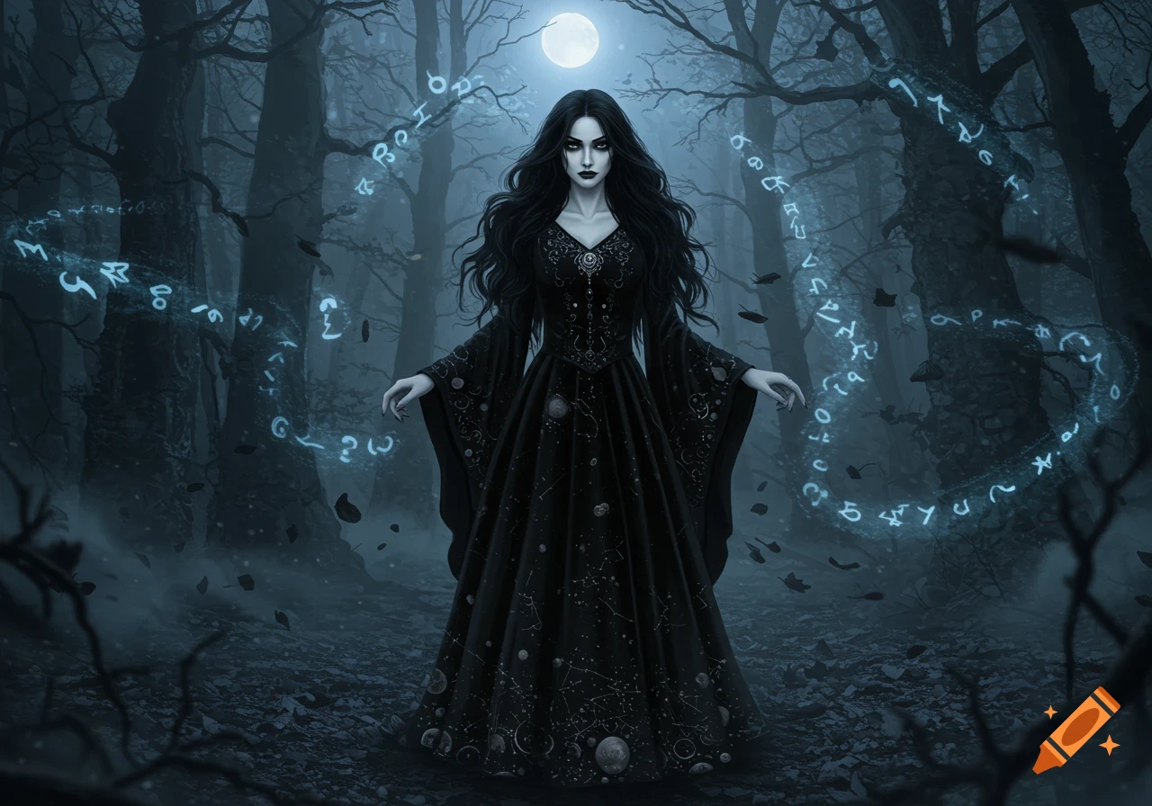A dark-haired witch in a long black dress stands in a moonlit, misty forest with glowing blue runes circling her.