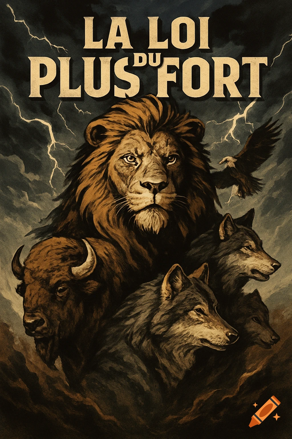 Vintage poster of a majestic lion, bison, wolves, and eagle under a stormy sky, with the title 'LA LOI DU FORT'.