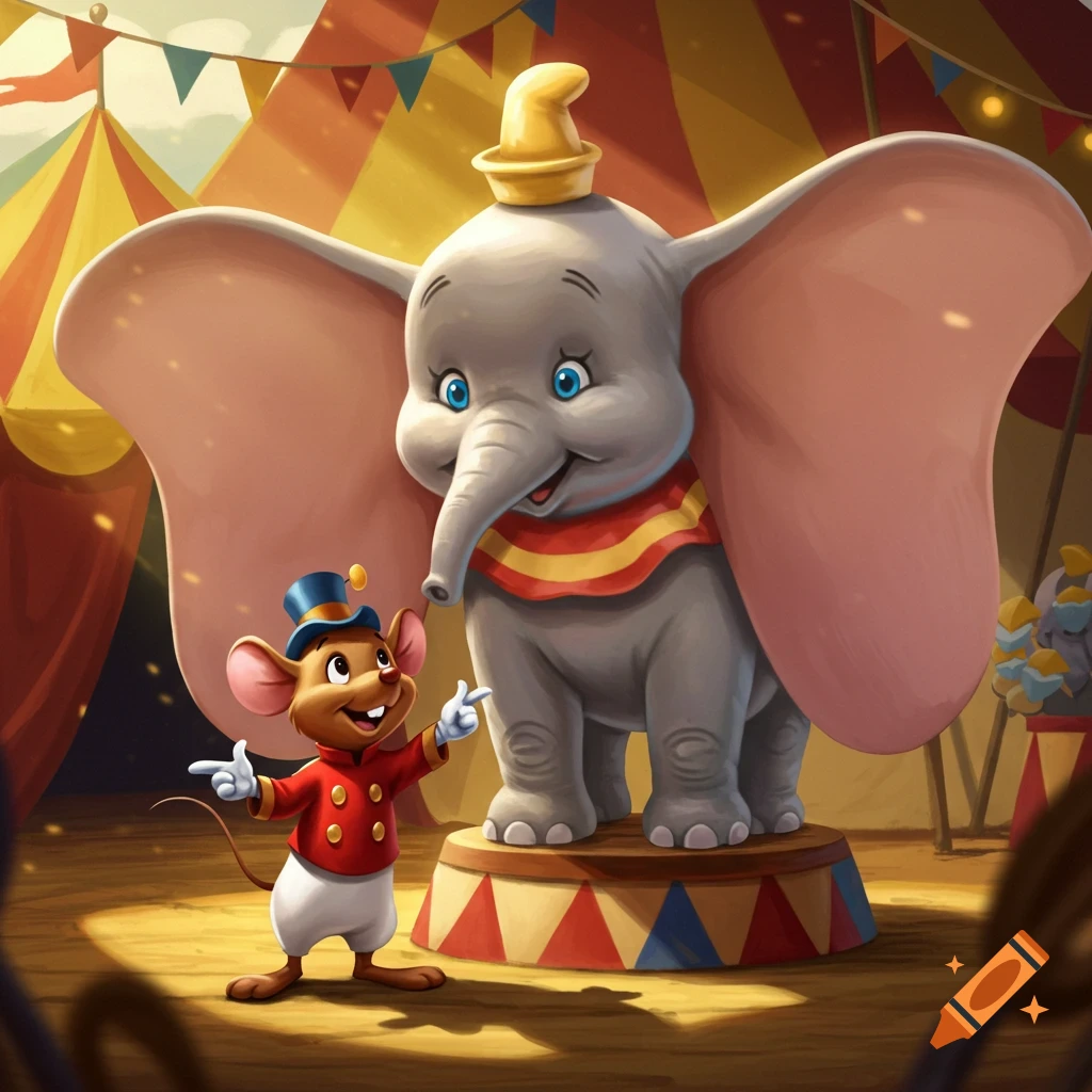 Cartoon baby elephant Dumbo with large ears and mouse Timothy Q. Mouse in a red uniform on a circus stage with tents.