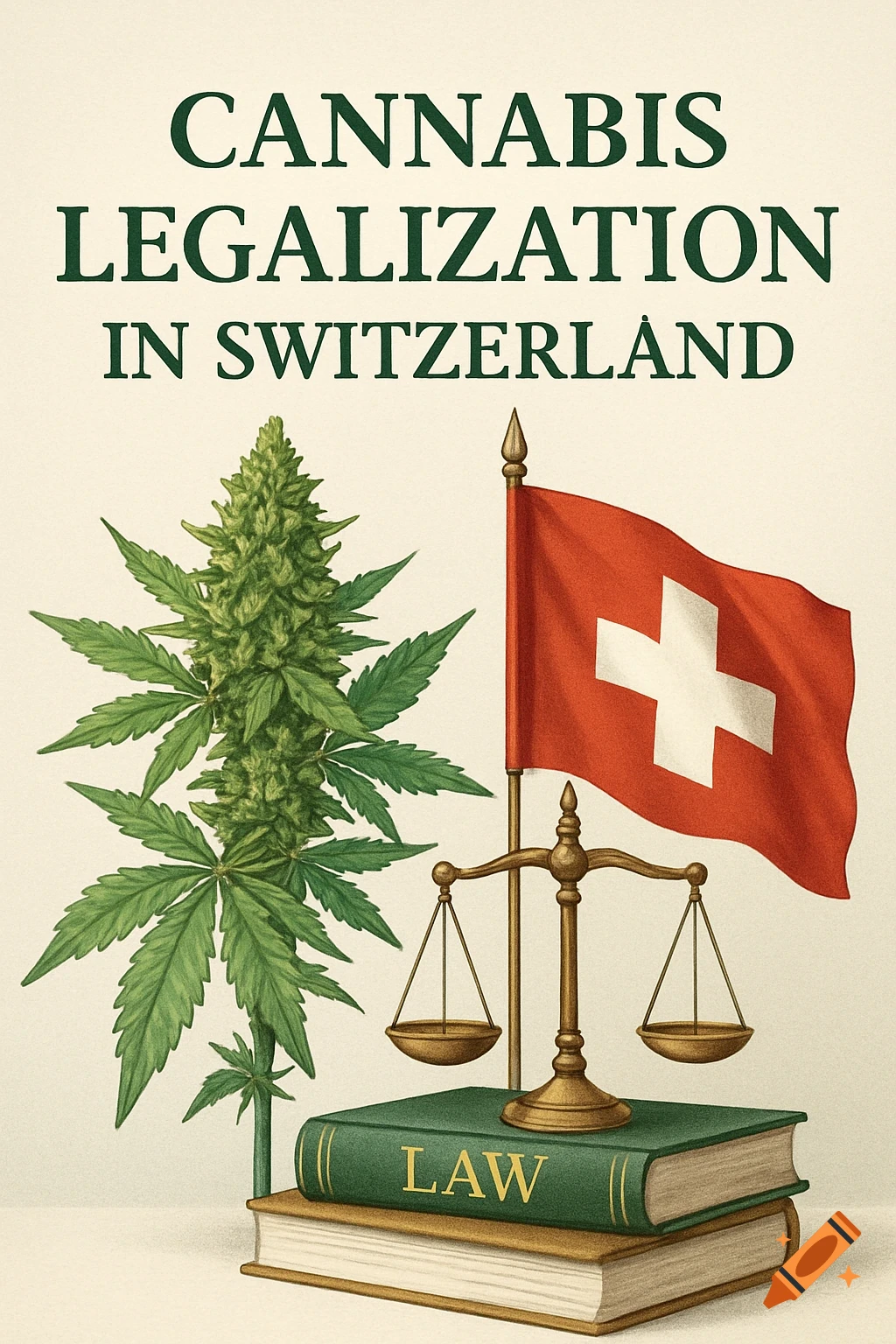 Illustration for cannabis legalization in Switzerland, featuring a cannabis plant, the Swiss flag, scales of justice, and law books.