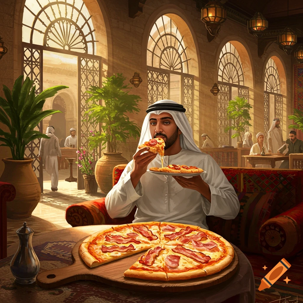 Arabic man in traditional attire eating a slice of bacon pizza in a sunlit Middle Eastern restaurant, with a whole pizza on the table.
