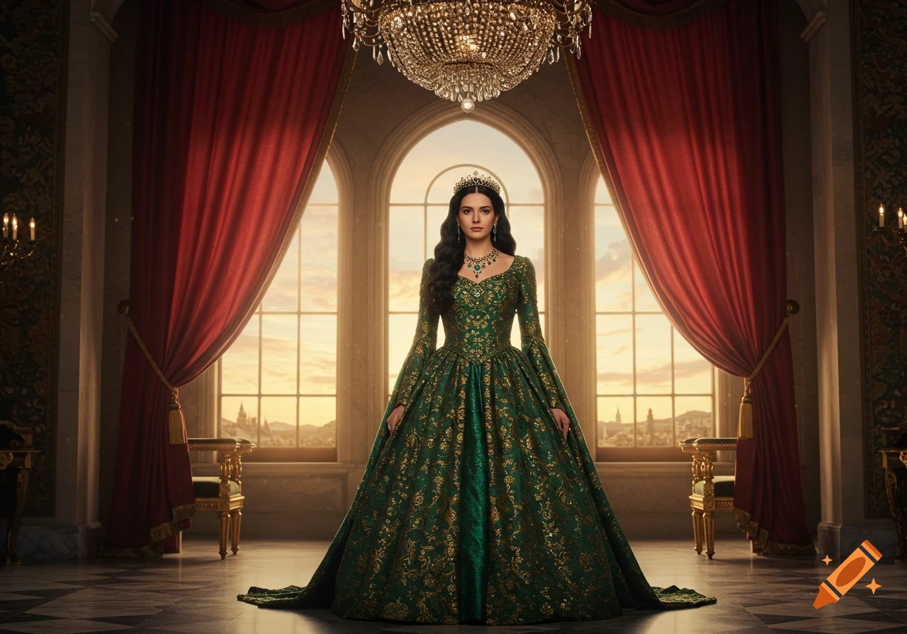A majestic woman in a shimmering green and gold ball gown, wearing a crown and necklace, stands in a grand hall with large arched windows.