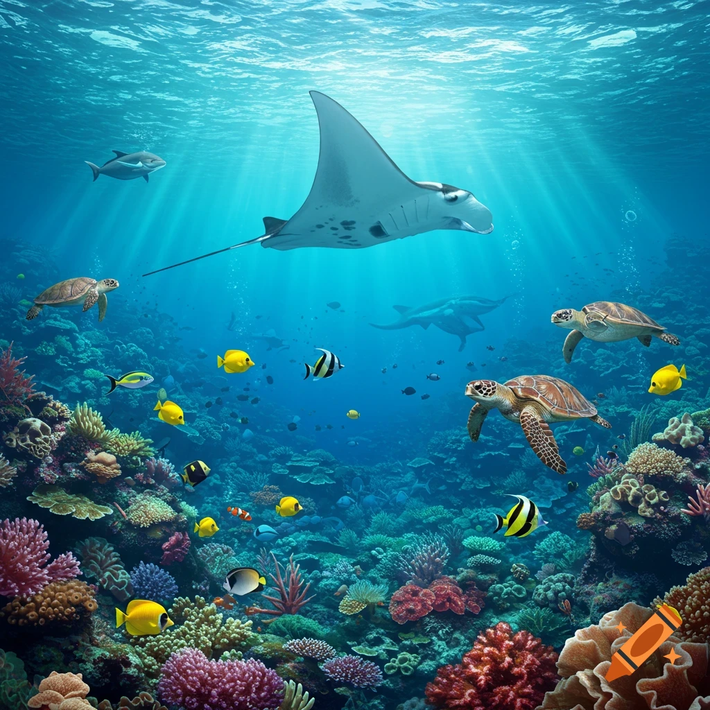 Photorealistic underwater scene with a large manta ray, sea turtles, colorful fish, and a vibrant coral reef under sunlit waters.