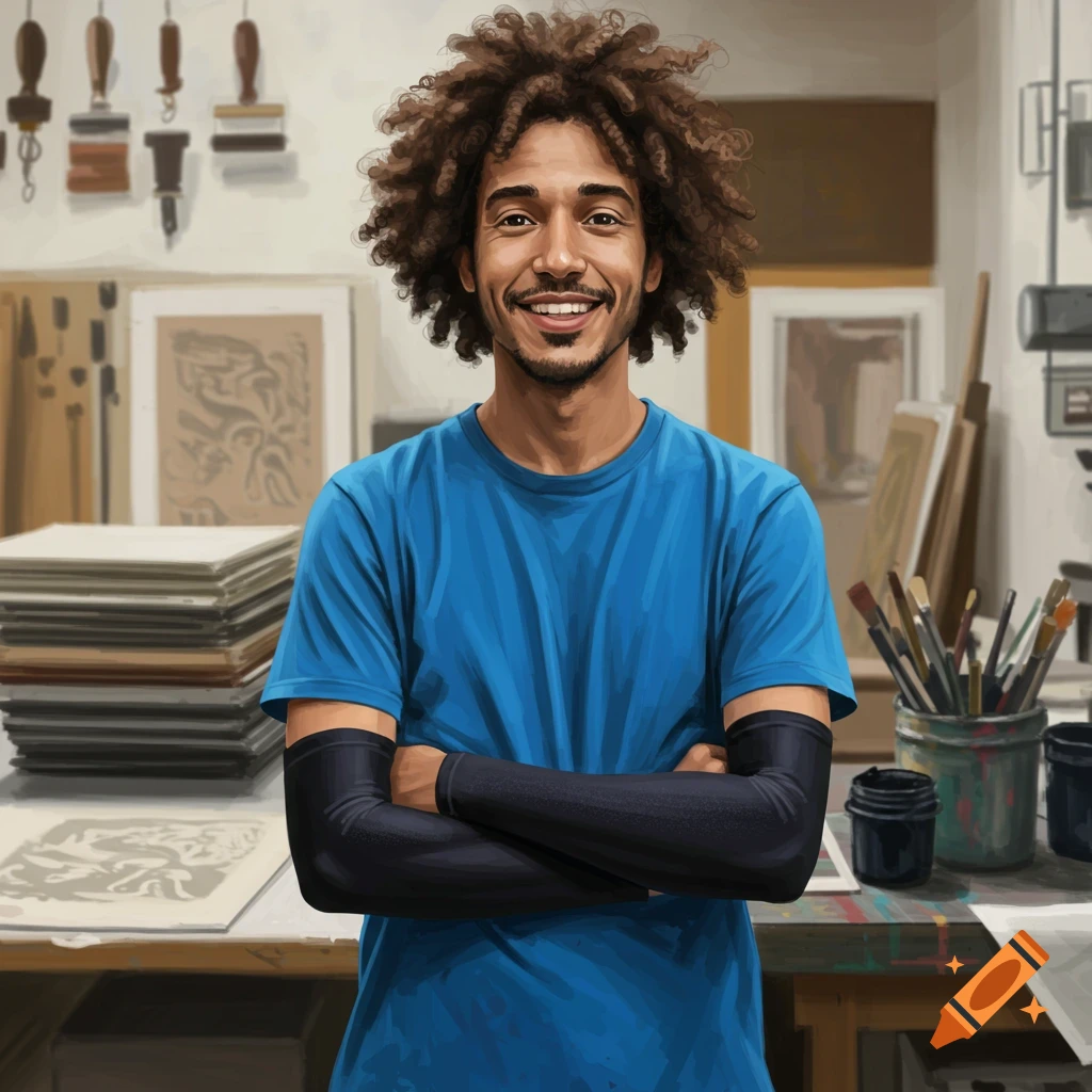A smiling male printmaker with curly hair in a blue t-shirt and black arm sleeves, posing with crossed arms in an art studio.