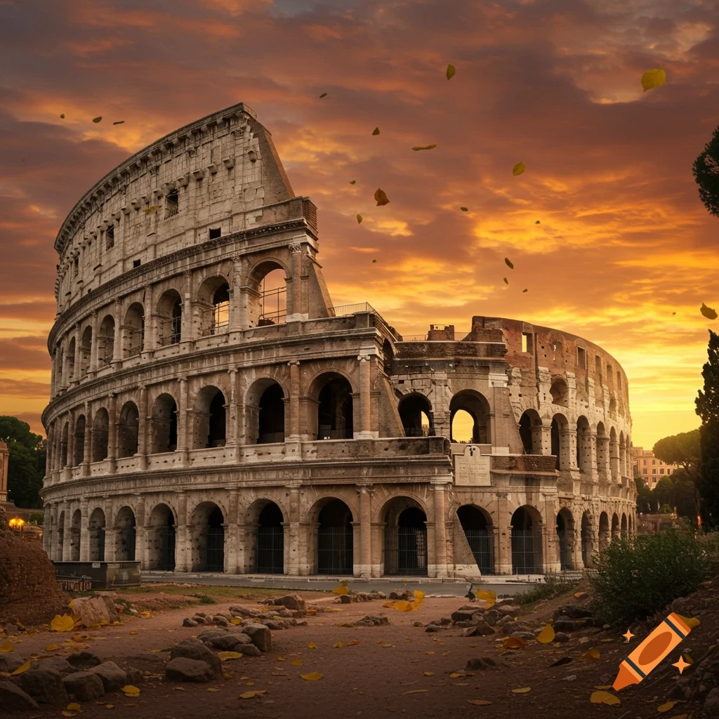 The ancient Roman Colosseum at sunset, with golden light illuminating its stone arches and autumn leaves on the ground.