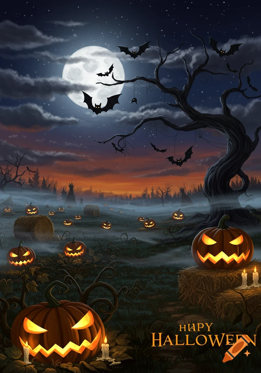 A spooky Halloween scene at night with a full moon, a gnarled tree, flying bats, and numerous glowing jack-o'-lanterns in a misty field, with text "HALLOWEEN".