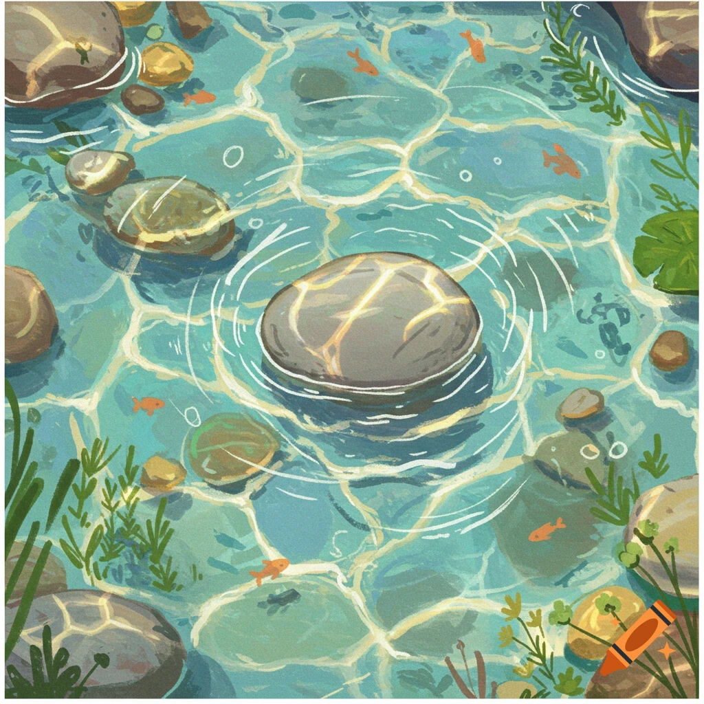 Childlike illustration of a clear riverbed with sunlit rocks, green plants, and tiny orange fish swimming.