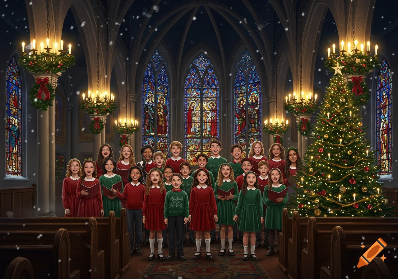 A diverse children's choir in festive green and red attire sings in a beautifully decorated church with stained glass windows and falling snow.