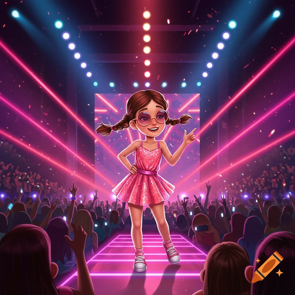 An illustration of a cheerful kid pop star with pigtails and sunglasses in a pink dress, performing on a neon stage for an audience.