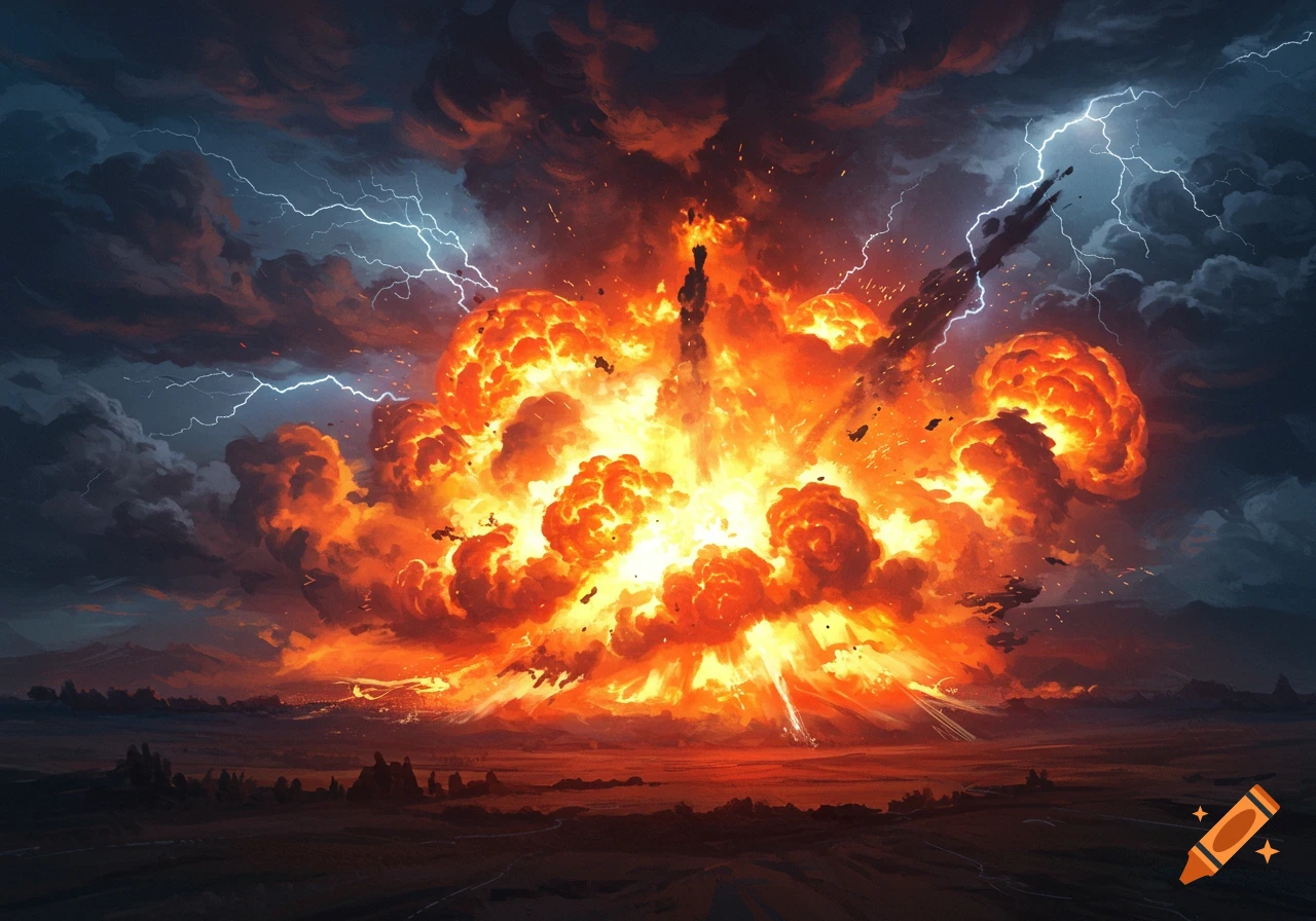 Massive fiery explosion against a stormy sky with lightning over a dark, desolate landscape.