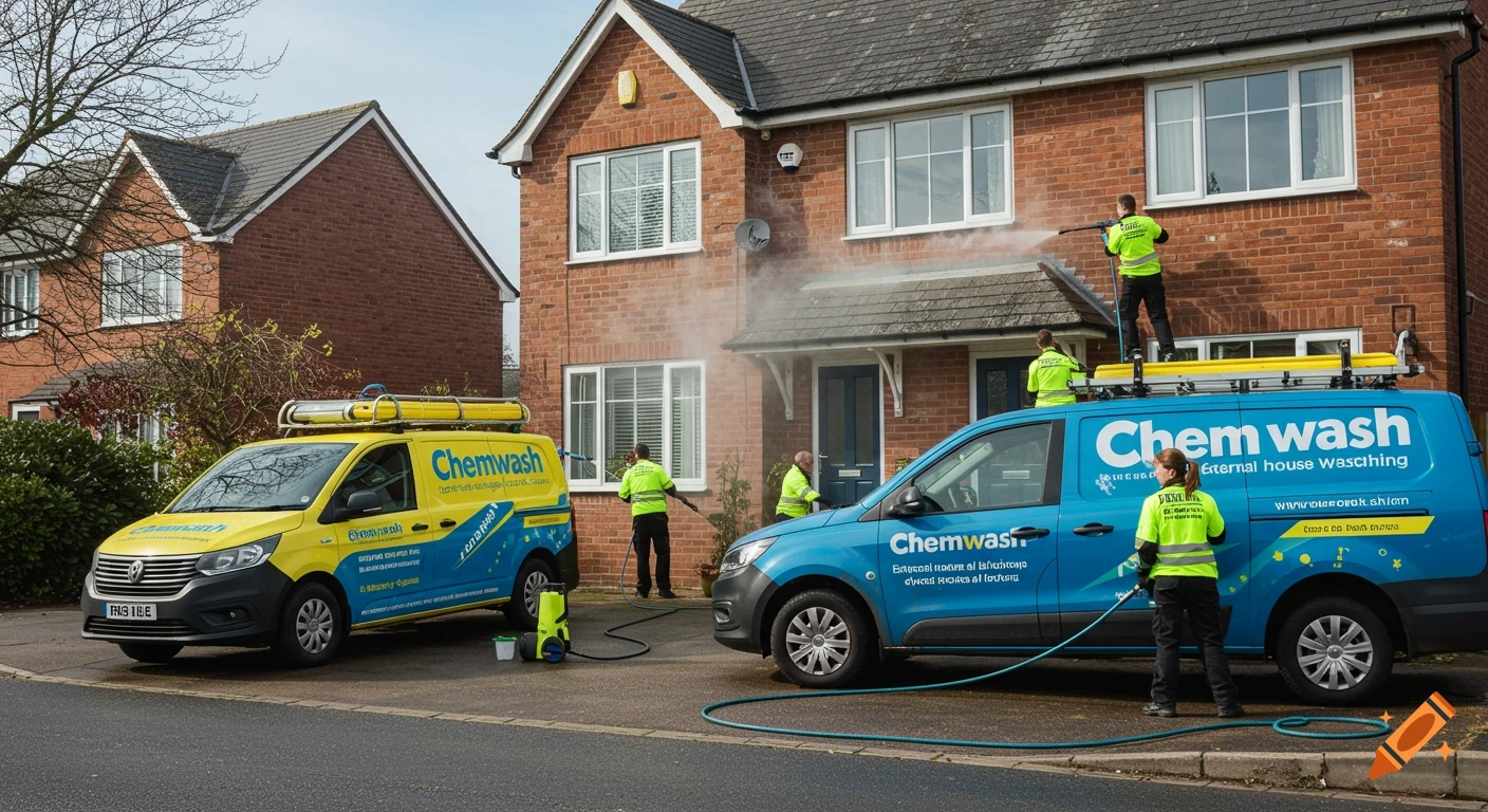 People in yellow vests power washing a brick house from vans that say "Chemwash" on the side, parked on a suburban street.