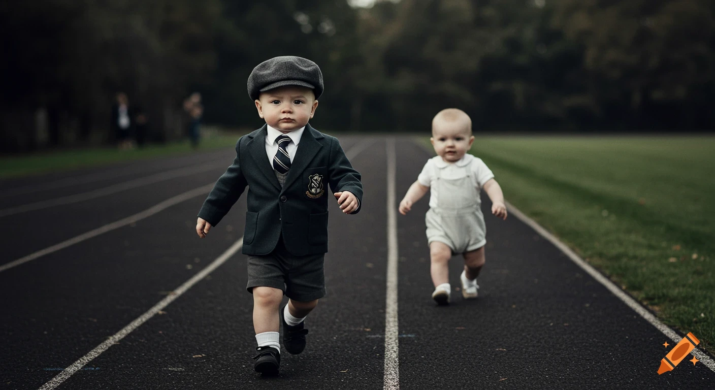 Two baby boys on a race track. One in a dark blazer and cap leads another baby in a white overall. Photorealistic.