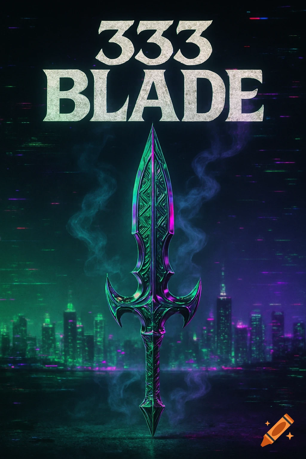 Stylized album cover featuring a neon green and purple dagger, glitchy cyberpunk cityscape, and '333 BLADE' text.