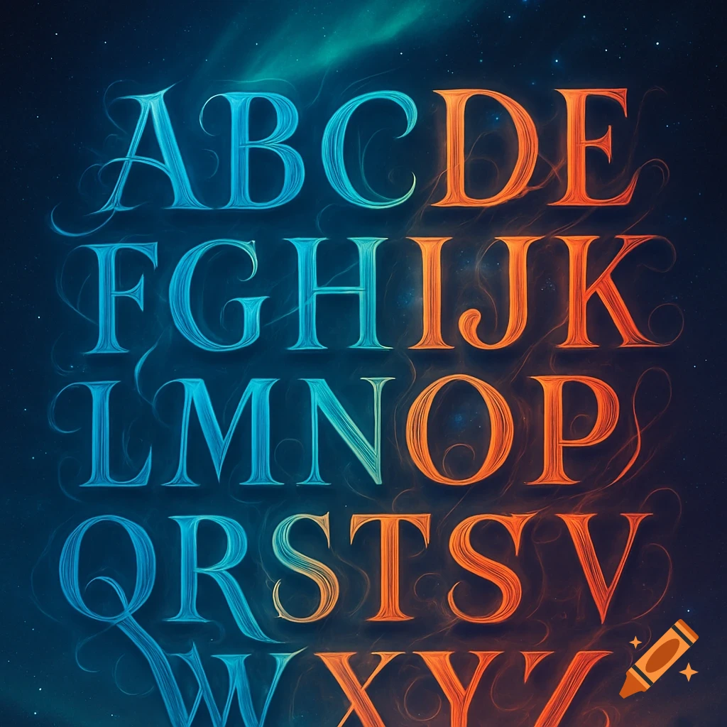 Stylized alphabet letters A-Z, transitioning from glowing blue to glowing orange, against a dark, starry, cosmic background with nebulae.