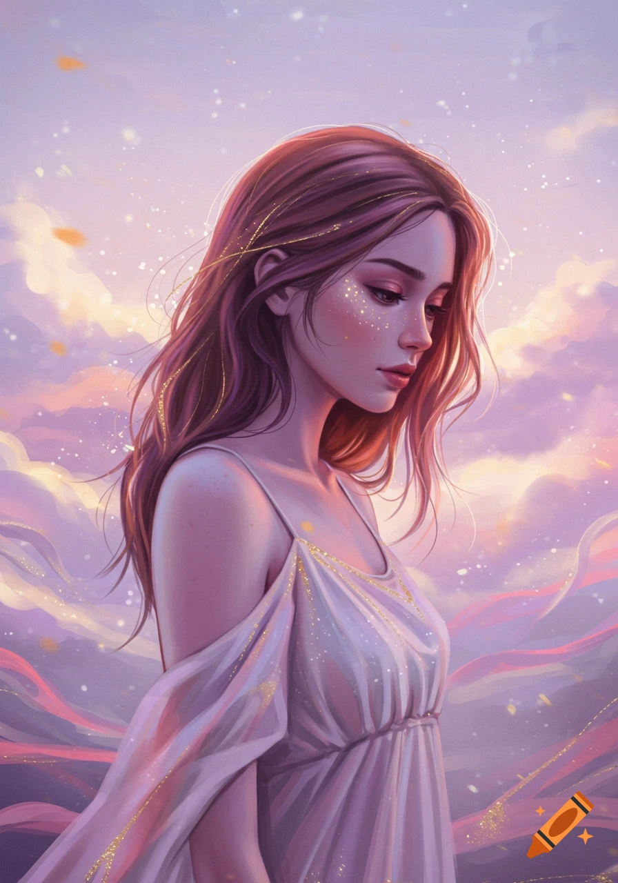 A painterly digital art portrait of a young woman with long red hair ...