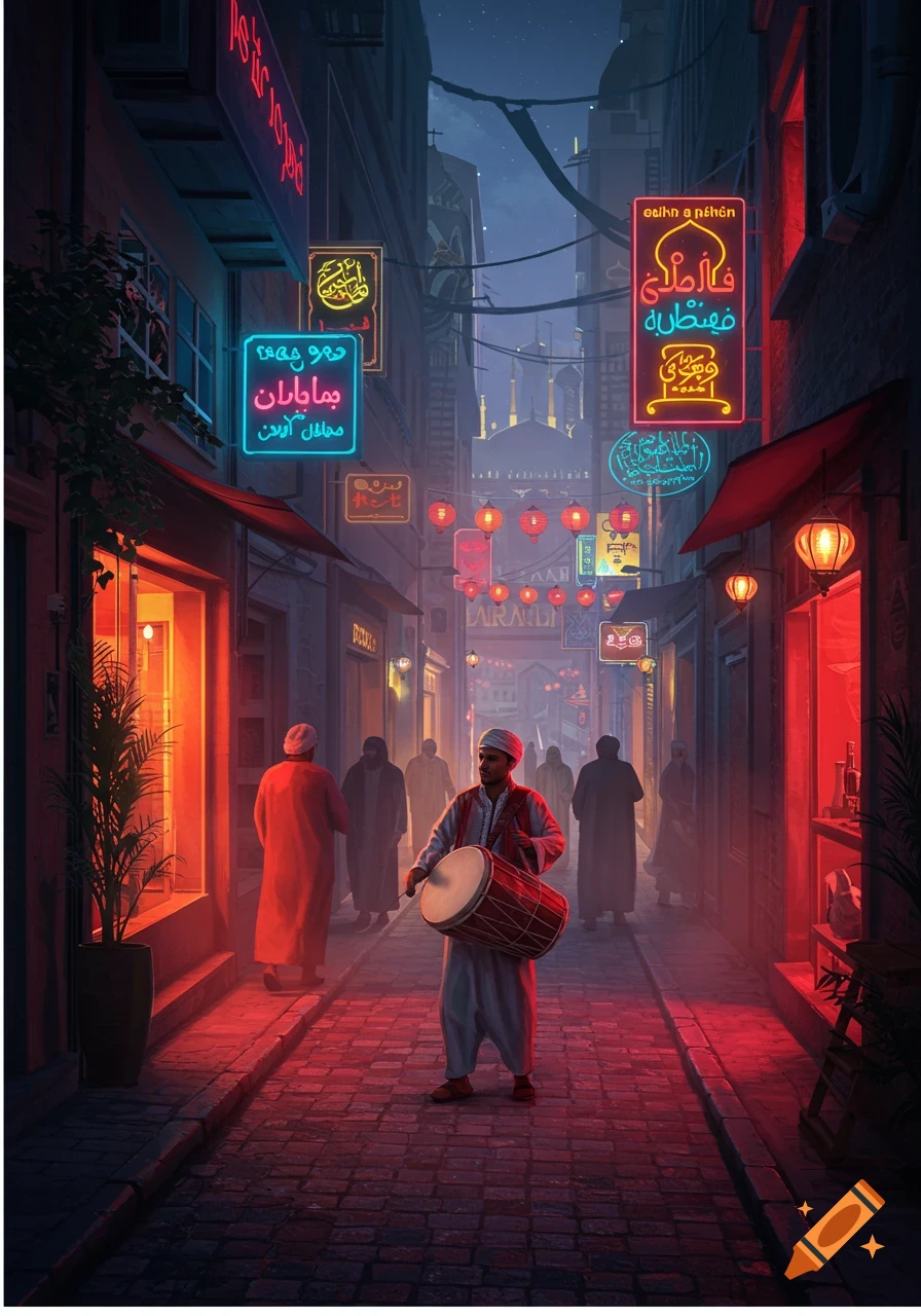 A man in traditional attire plays a drum, walking down a narrow, neon-lit street in a Middle Eastern city at night, with a mosque in the background.
