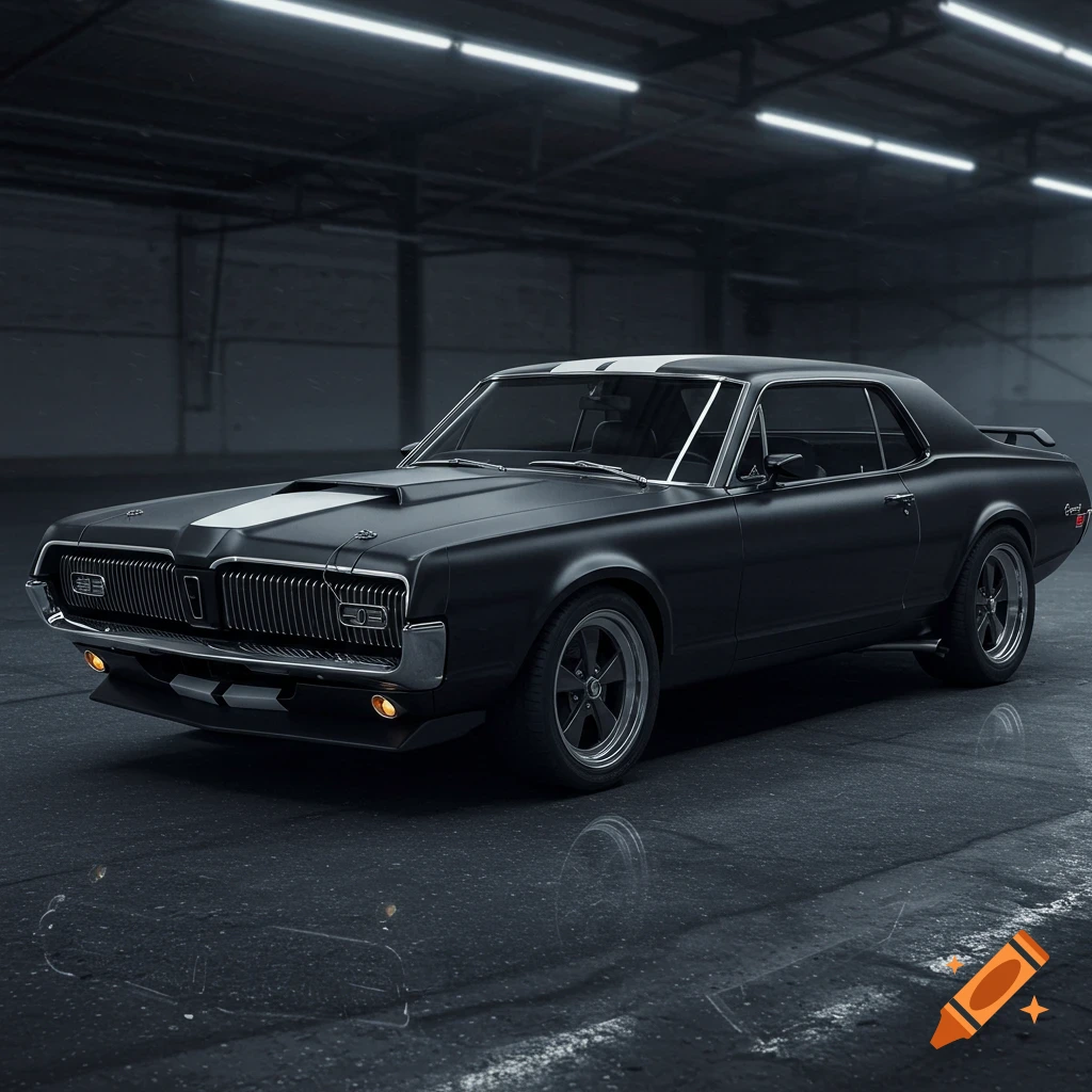 Photorealistic image of a flat black 1968 Mercury Cougar with white racing stripes, a hood scoop, and a rear spoiler, in a dark garage.
